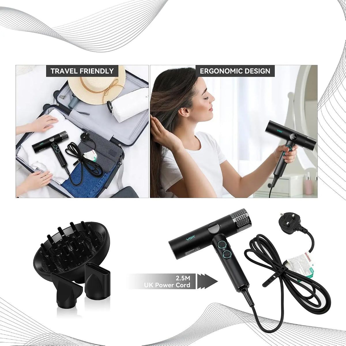 Professional Brushless Hair Dryer 1900W with Magnetic Diffuser and Nozzles, 40 Speed and Heat Levels