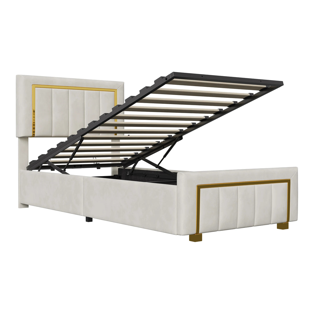3ft Single Velvet Upholstered Bed Frame with Hydraulic Storage, Padded Headboard, Black or White
