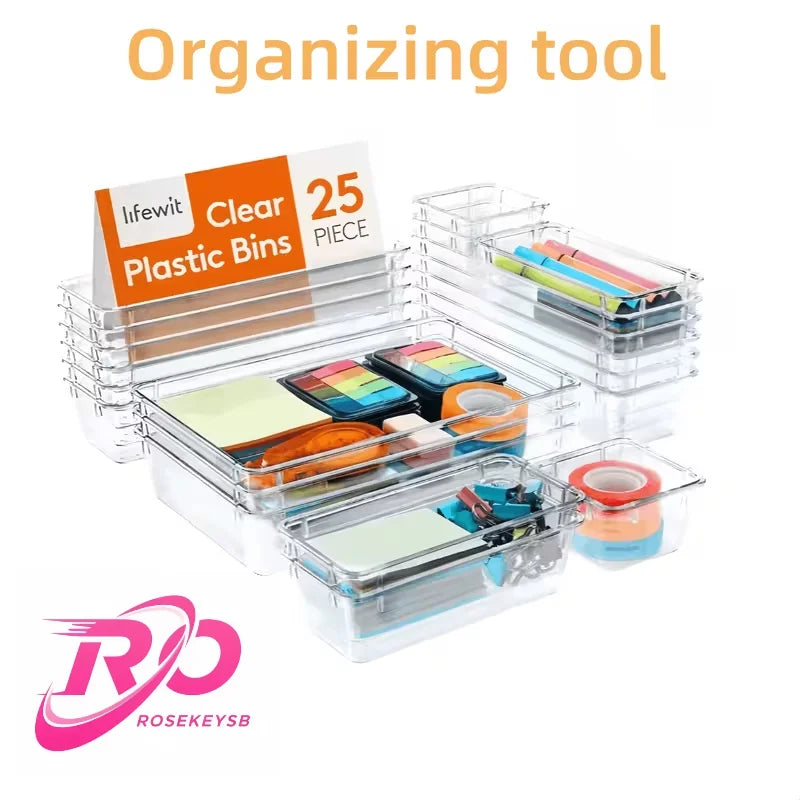 25 Piece Drawer Organiser Set 4 Sizes Stackable ABS Waterproof Trays for Kitchen Bathroom Makeup and Office