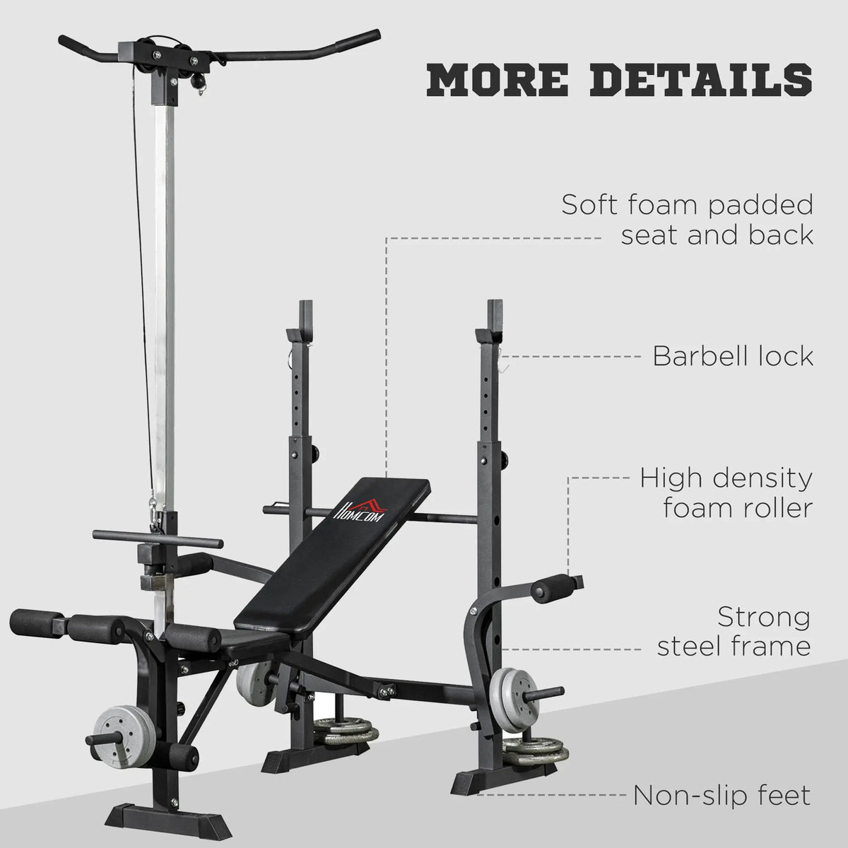Adjustable Weight Bench with Pulley System and Squat Rack, Multi-Station Home Gym Bench