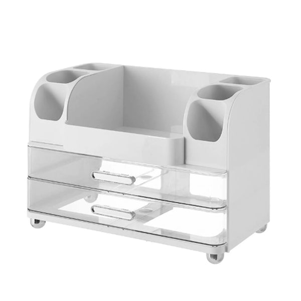 Makeup Organiser with 2 Drawers 34x24x18.5cm Countertop Display Case with 6 Compartments and Brush Holder White