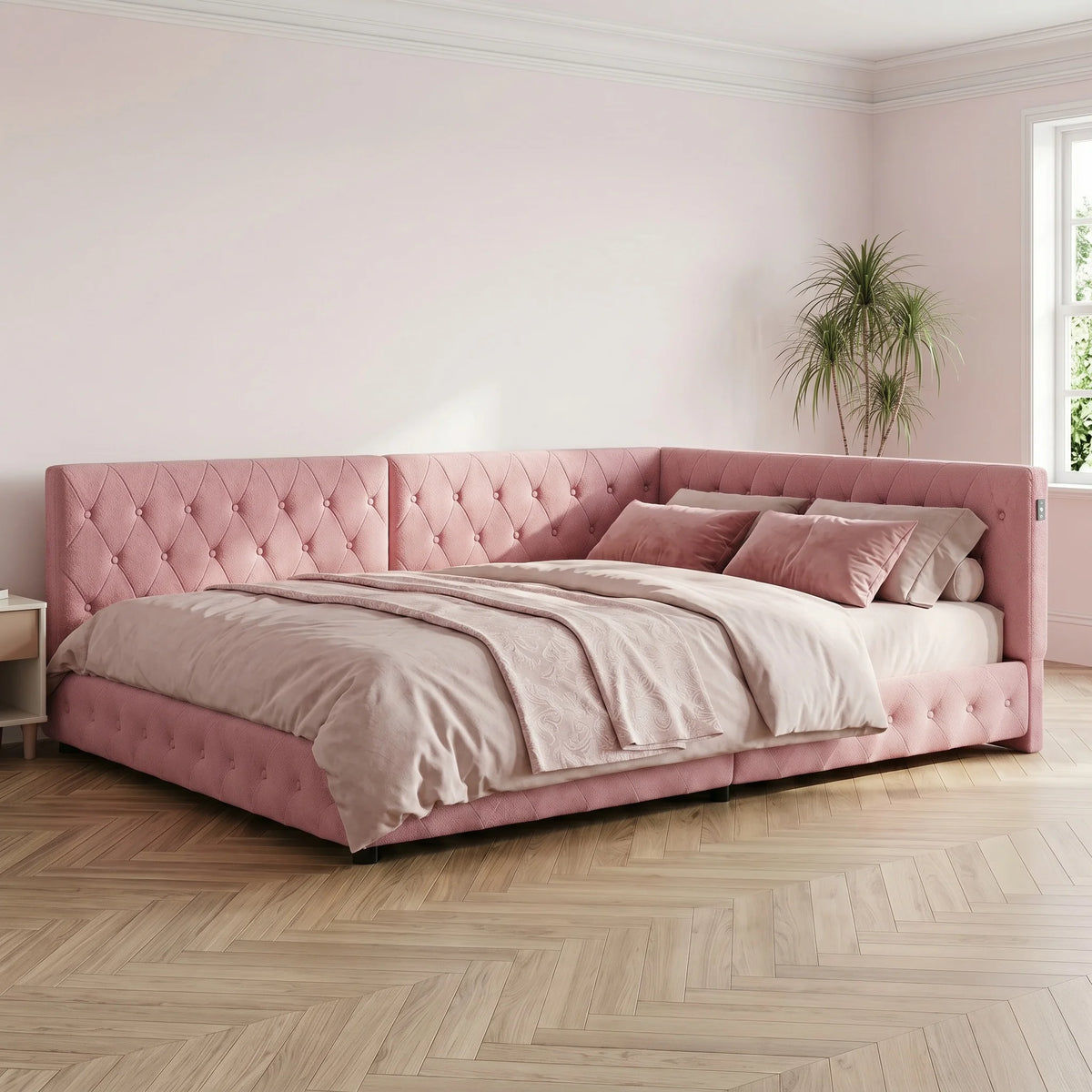 135 x 190cm Upholstered Bed Frame with LED Lighting & USB Charging, Teddy Fleece, Pink or White