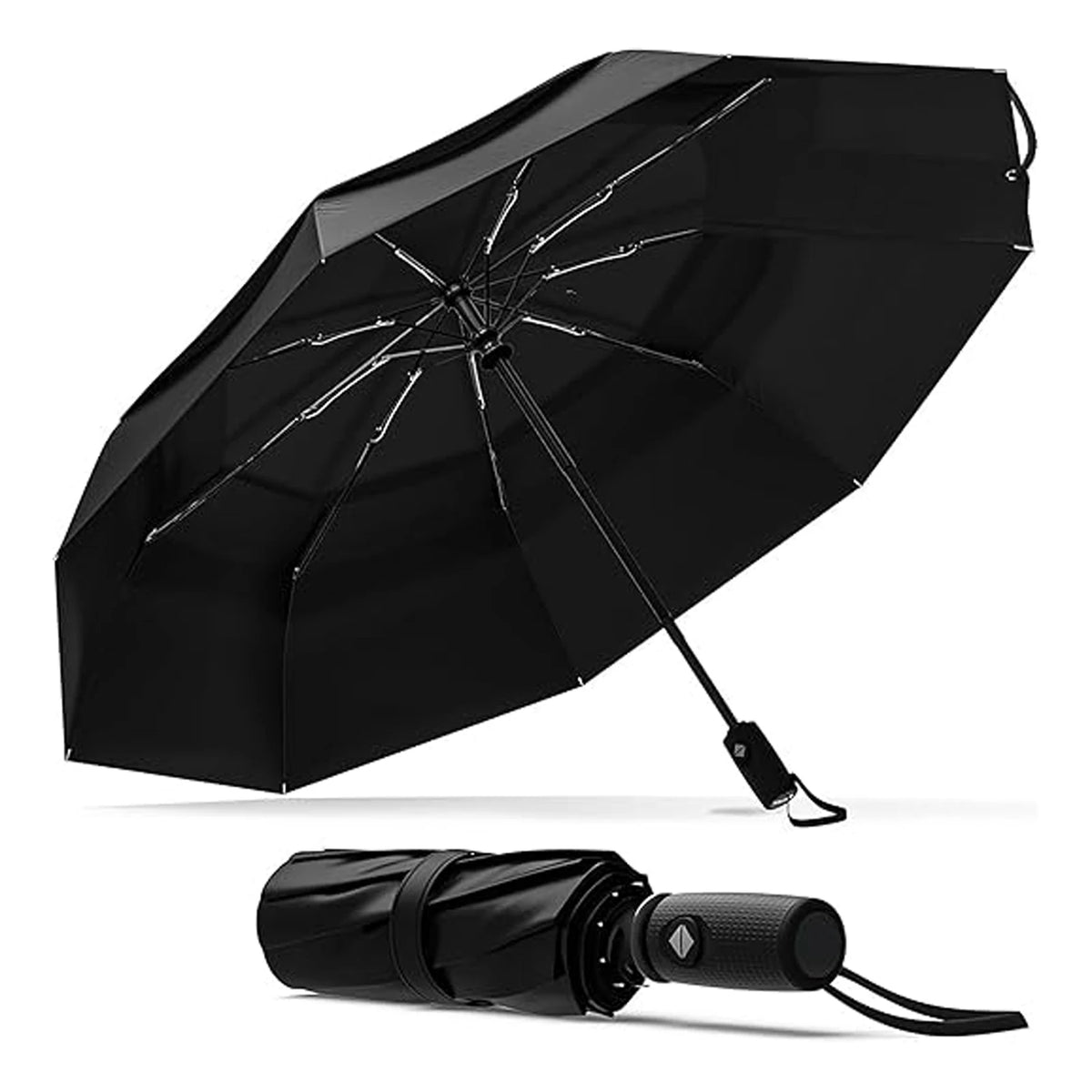 Windproof Folding Umbrella with Fibreglass Ribs, Auto Open and Close, Vented Double Canopy, Black