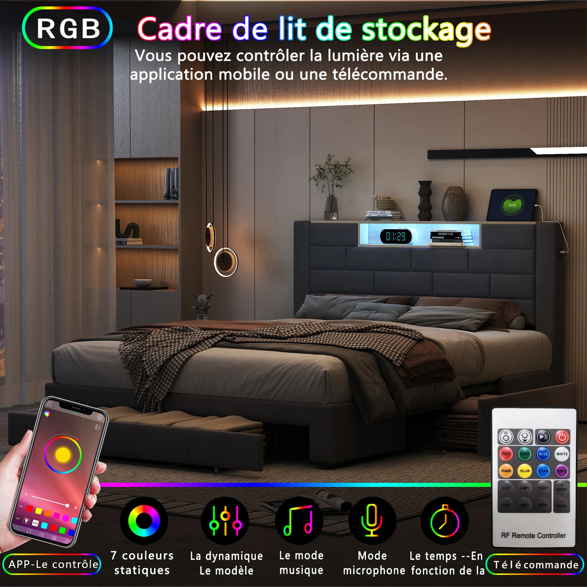 King Size 5ft Bed Frame with 4 Storage Drawers, LED & USB Headboard, Grey Velvet