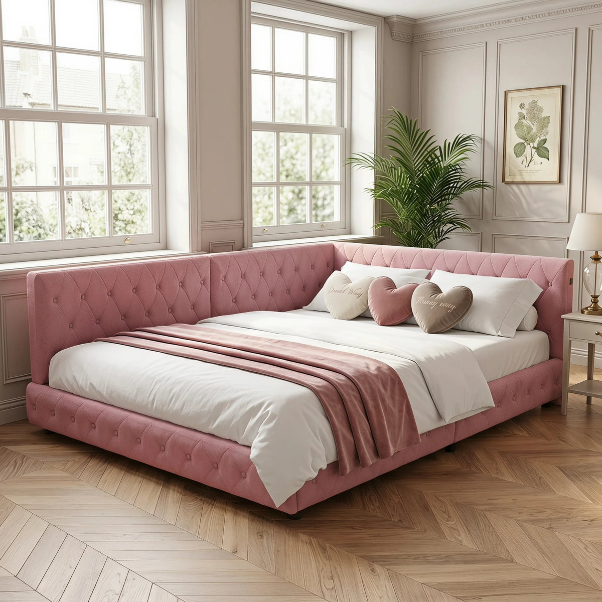 135 x 190cm Upholstered Bed Frame with LED Lighting & USB Charging, Teddy Fleece, Pink or White