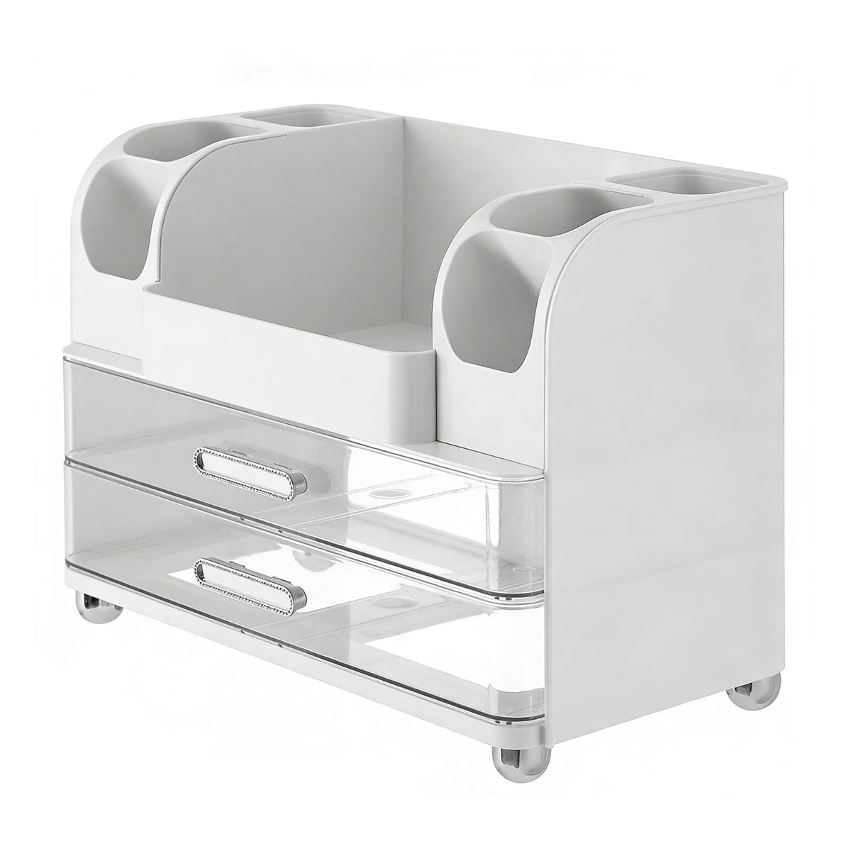 Makeup Organiser with 2 Drawers 34x24x18.5cm Countertop Display Case with 6 Compartments and Brush Holder White