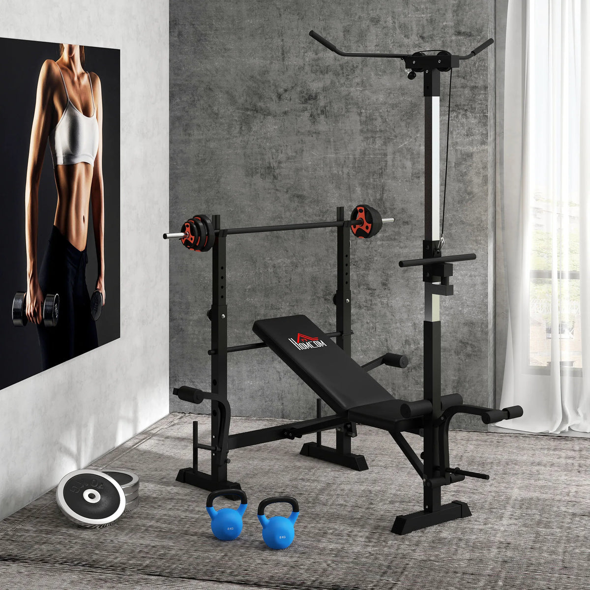 Adjustable Weight Bench with Pulley System and Squat Rack, Multi-Station Home Gym Bench