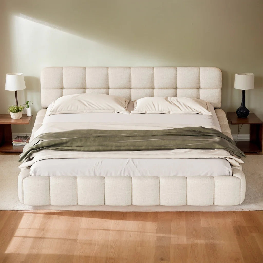 Modern Low Platform Bed Frame with Padded Headboard, Linen Beige – Single, Double & King Sizes