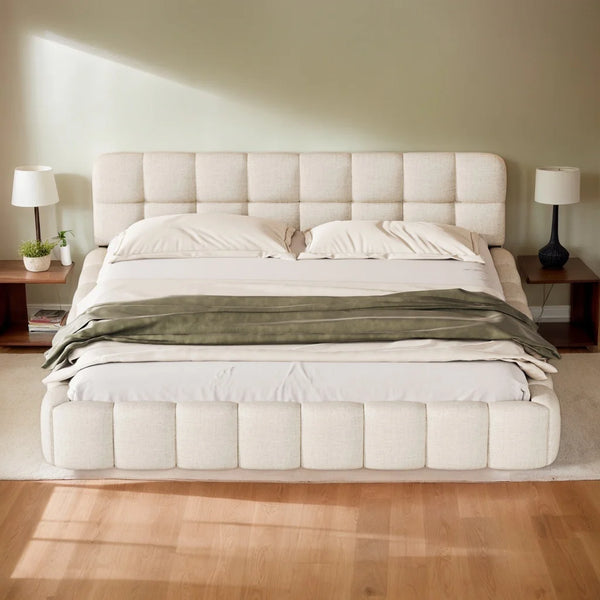 Modern Low Platform Bed Frame with Padded Headboard, Linen Beige – Single, Double & King Sizes