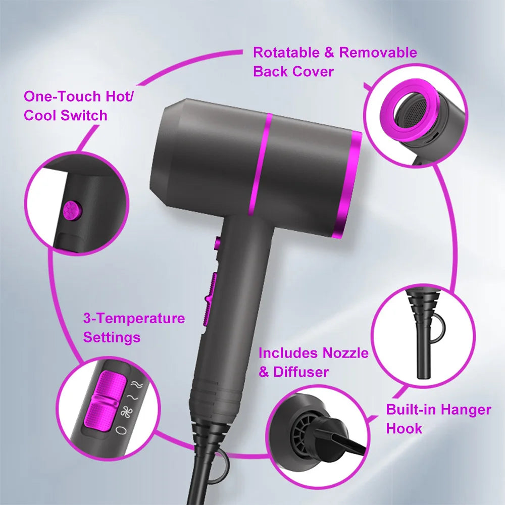 1500W Salon Hair Dryer with 57°C Constant Temperature, Concentrator and Diffuser, UK Plug