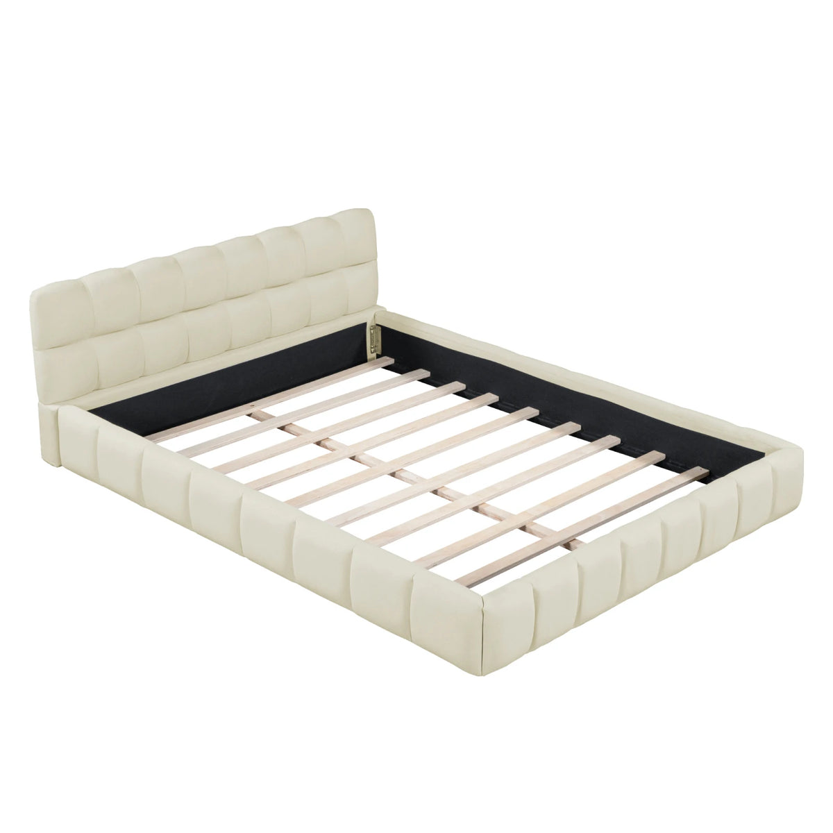 Modern Low Platform Bed Frame with Padded Headboard, Linen Beige – Single, Double & King Sizes