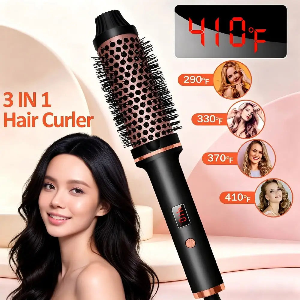 3 in 1 Hair Curler and Straightener Brush with LCD Display and Ionic Function, UK Plug, Black