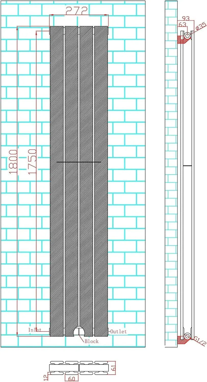 Designer Flat Panel Radiator 1800 x 272mm, Double Panel Vertical Central Heating Radiator