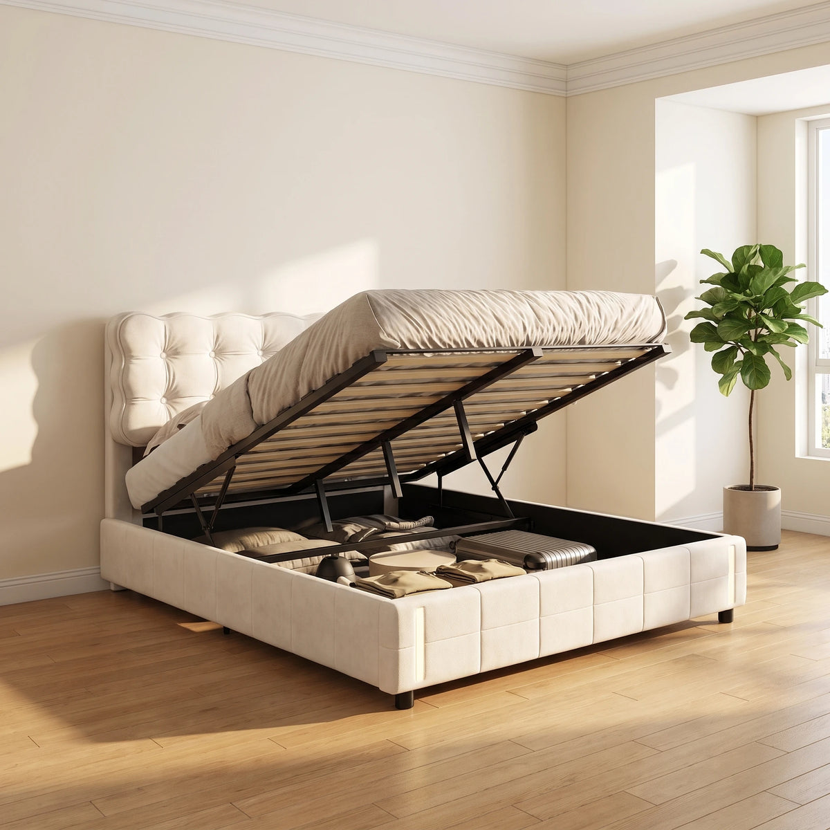 Beige Velvet 135 x 190cm Double Bed, Gas-Lift Storage Bed with Motion-Sensor LED Light, Mattress Not Included