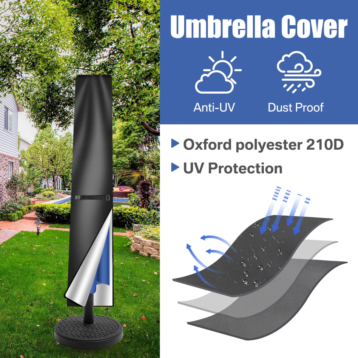Umbrella Cover for Outdoor Parasols, 210D Oxford Fabric, Waterproof Windproof Anti-UV Garden Parasol Protector