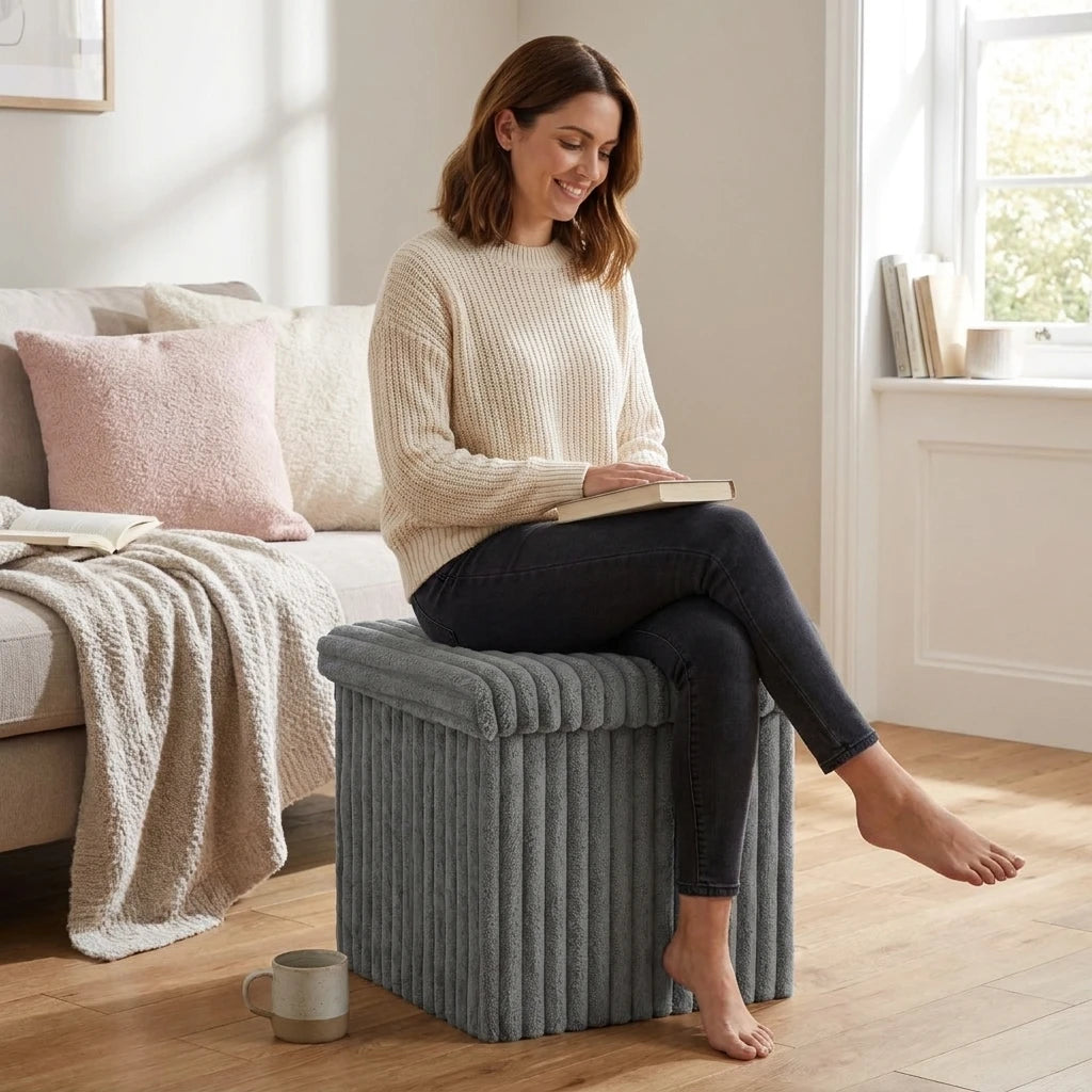 Ribbed Velvet Storage Ottoman 38x38x38cm Foldable Bench with Lid Engineered Wood Frame Footstool Seat