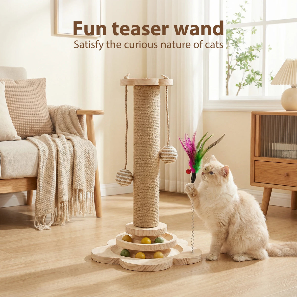 Cat Scratching Post 46cm with Natural Sisal Track Ball Spring Feather and Play Platform Pine Wood