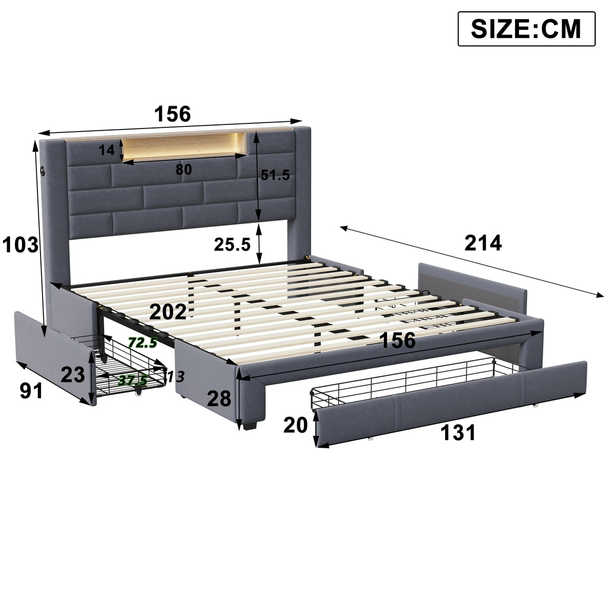 5FT Double Ottoman Bed with 3 Storage Drawers, LED Headboard & USB Charging, Grey Velvet