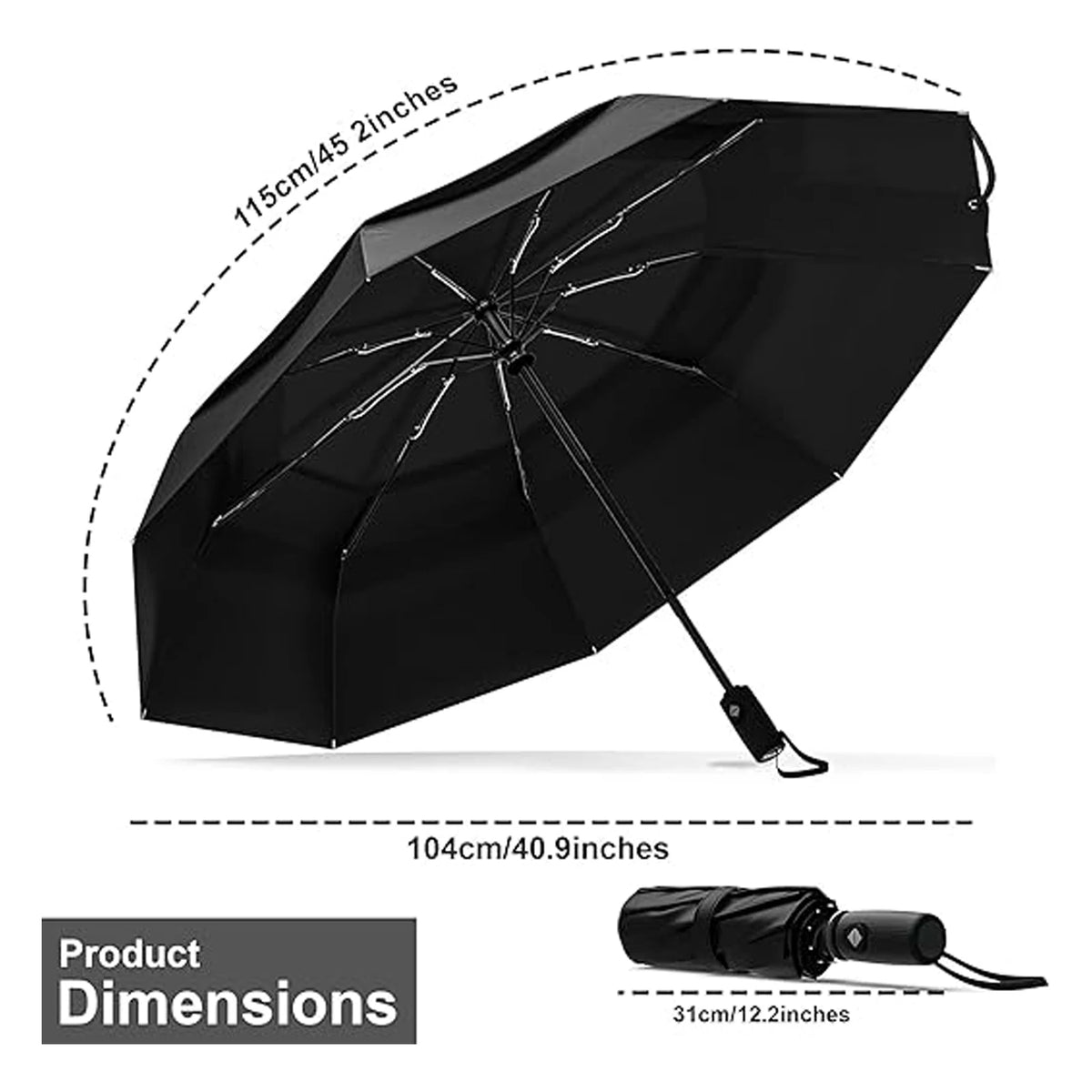 Windproof Folding Umbrella with Fibreglass Ribs, Auto Open and Close, Vented Double Canopy, Black