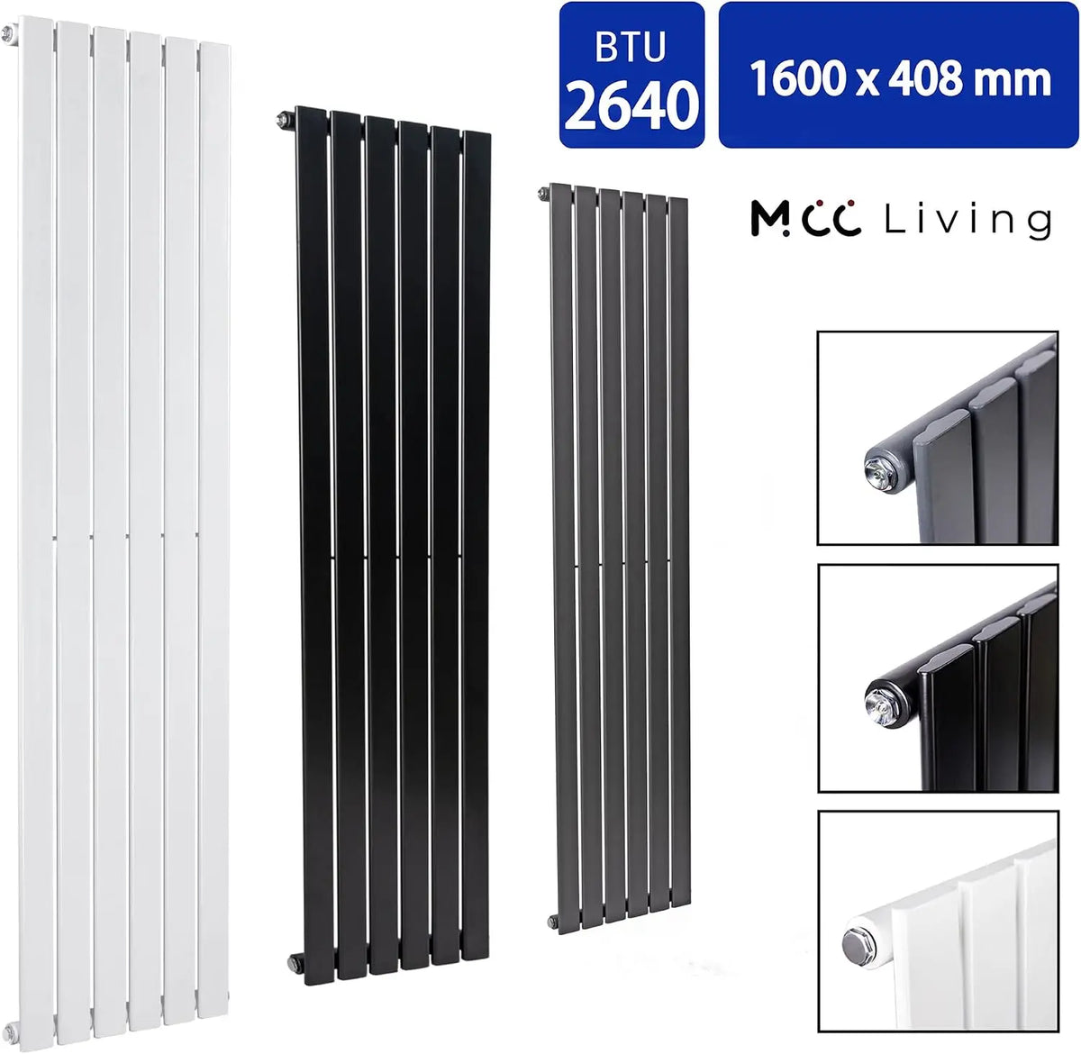 Designer Flat Panel Radiator 1600 x 408mm, Single Panel Vertical Central Heating Radiator