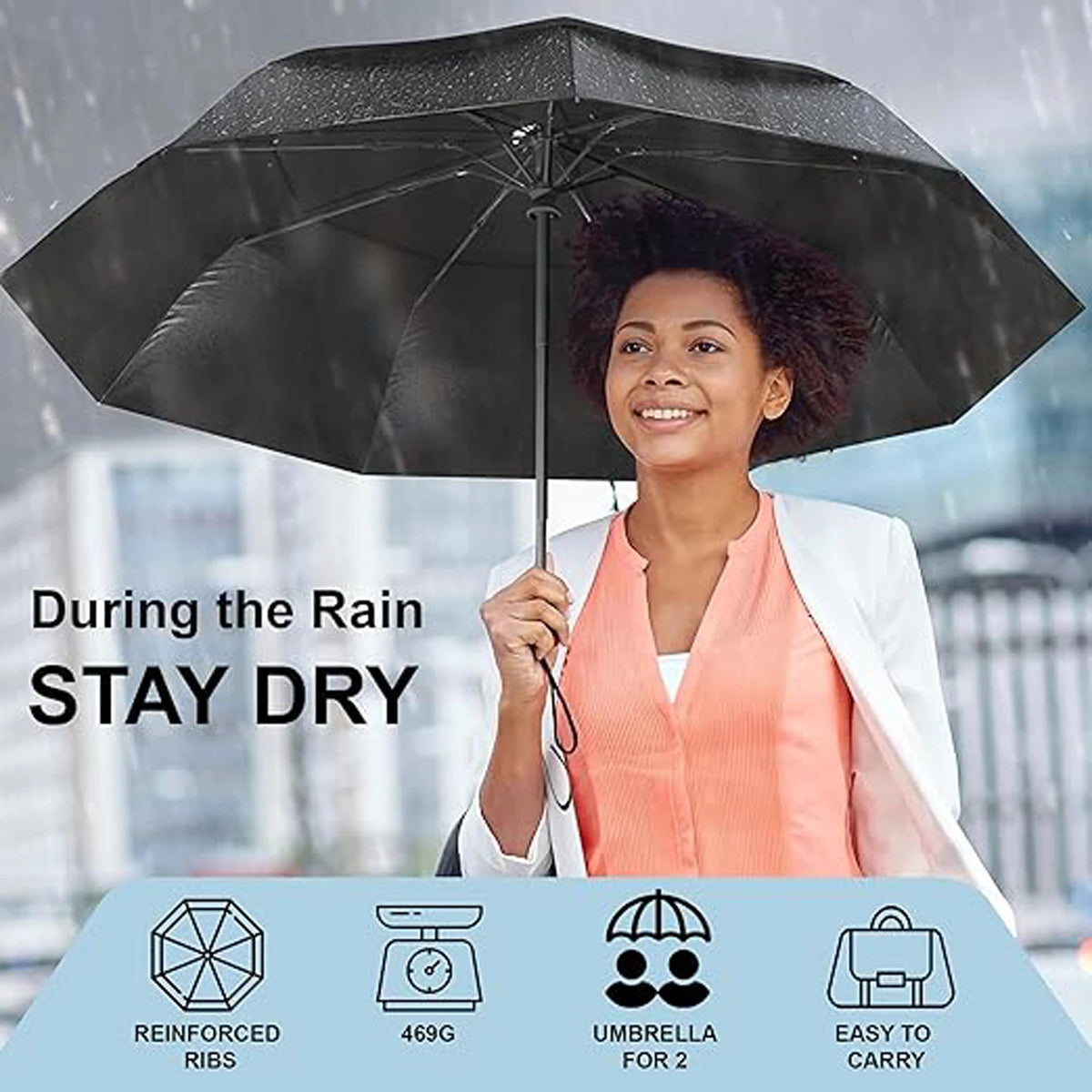Windproof Folding Umbrella with Fibreglass Ribs, Auto Open and Close, Vented Double Canopy, Black