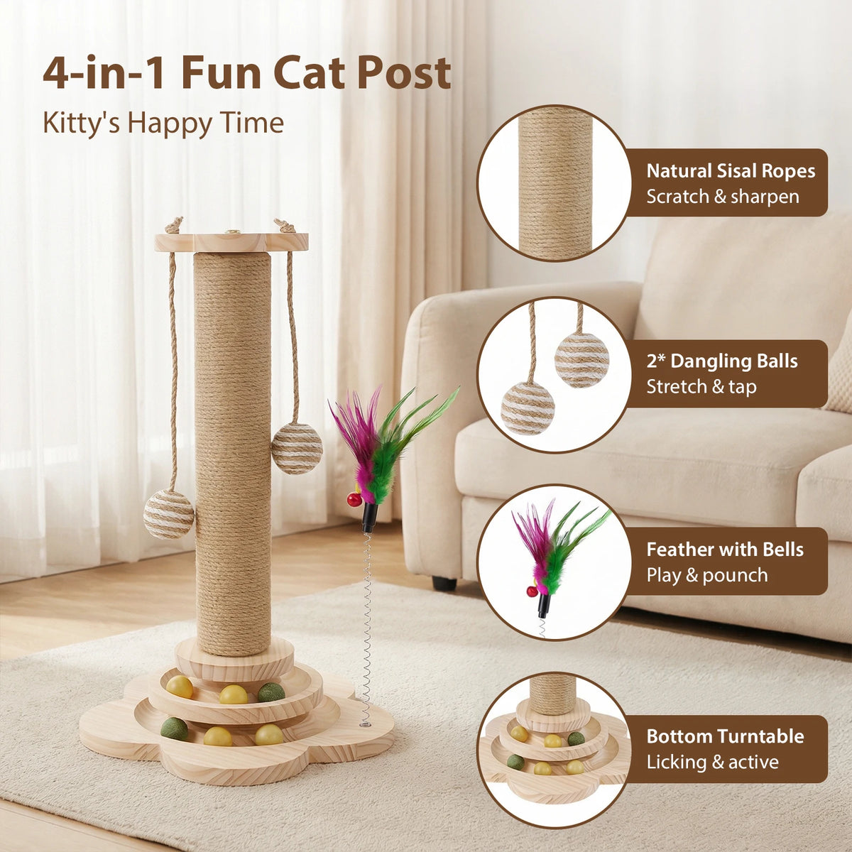 Cat Scratching Post 46cm with Natural Sisal Track Ball Spring Feather and Play Platform Pine Wood