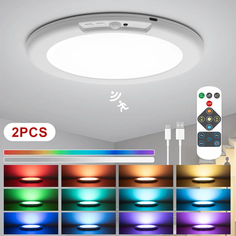Rechargeable Motion Sensor LED Ceiling Light RGB Dimmable Remote Control USB Magnetic for Bedroom Hallway Garage