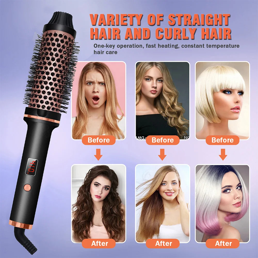 3 in 1 Hair Curler and Straightener Brush with LCD Display and Ionic Function, UK Plug, Black