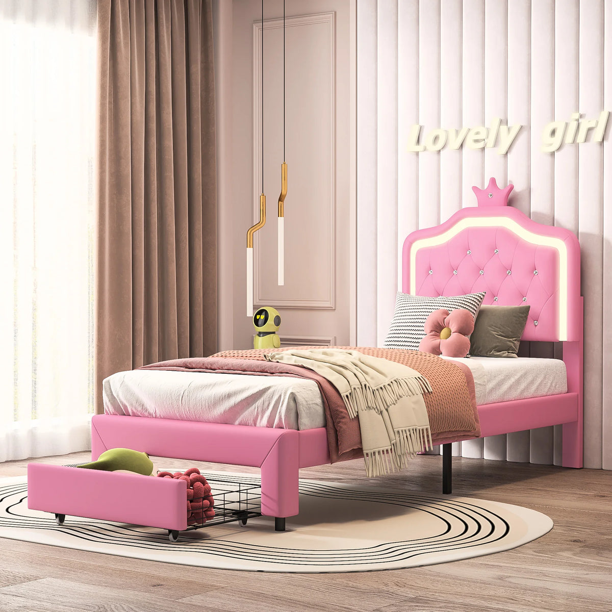 3FT Single Bed Frame 90 x 190cm, Pink PU Upholstered Princess Bed with LED Light, Adjustable Crown Headboard & Storage Drawer, Kids Bedroom, Mattress Not Included