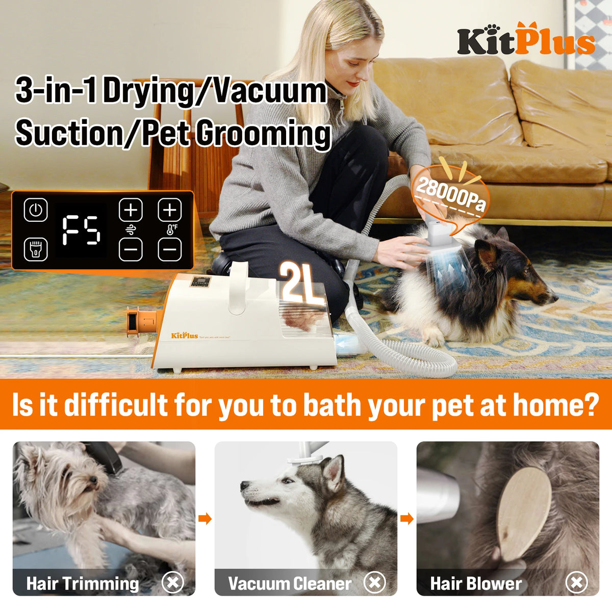 3 in 1 Pet Grooming Vacuum Kit Dog Dryer and Hair Clipper 2L Capacity UK Plug Hot and Cold Air