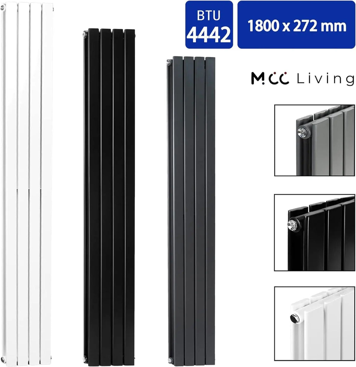 Designer Flat Panel Radiator 1800 x 272mm, Double Panel Vertical Central Heating Radiator
