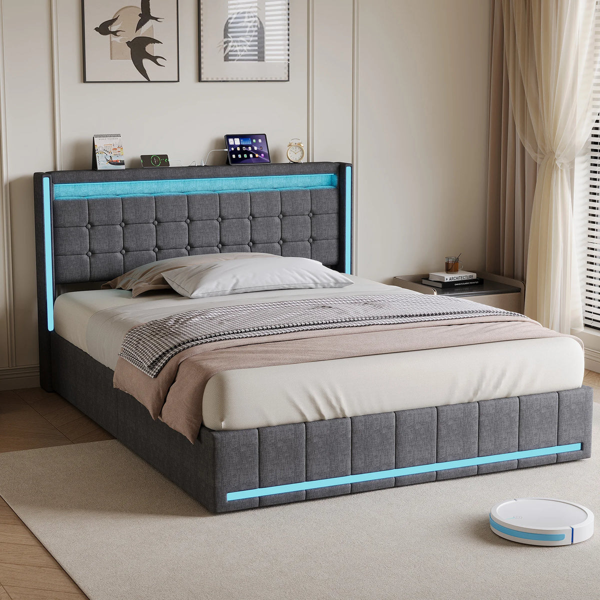 King Size Bed Frame 150x200cm with LED Lighting, 4 Storage Drawers & USB Charging, Dark Grey or Beige