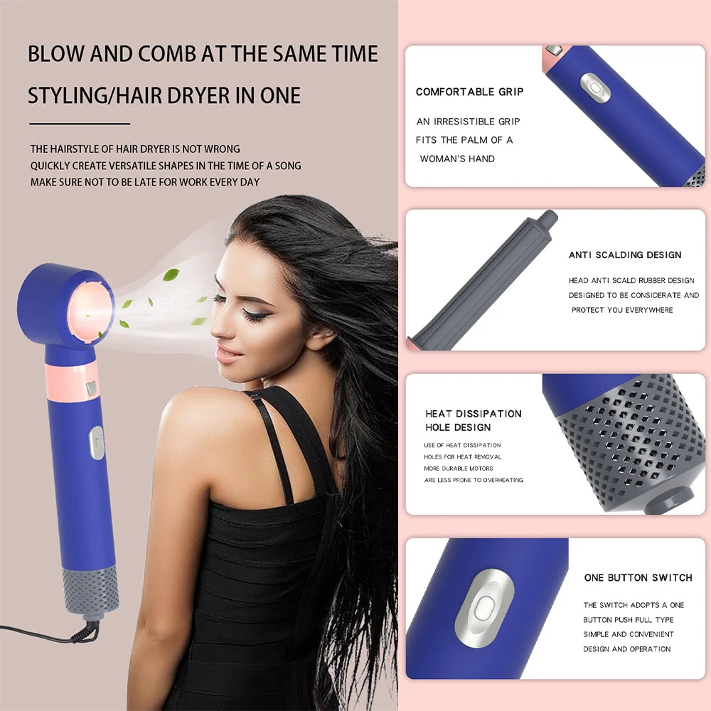 5 in 1 Hot Air Styler with Interchangeable Brush Heads, 3 Heat Settings, UK Plug, Pink