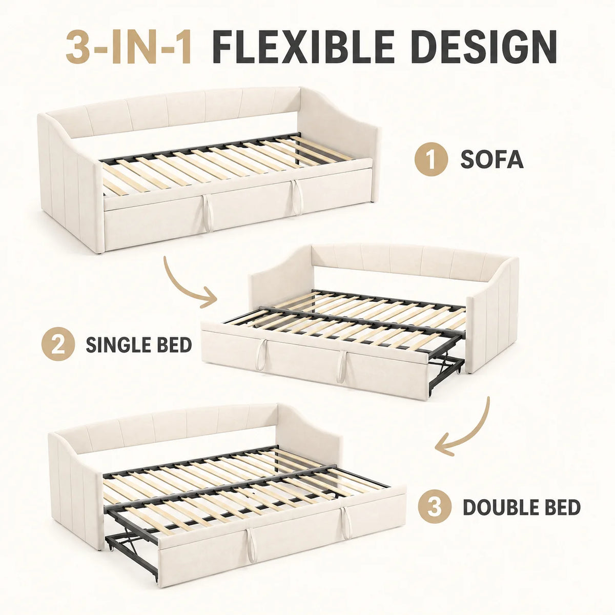 Pull-Out Daybed Sofa Bed 90 x 190cm, Beige Velvet, Guest Bed for Adults & Teens