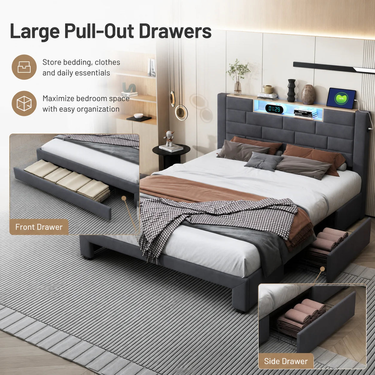 5FT Double Ottoman Bed with 3 Storage Drawers, LED Headboard & USB Charging, Grey Velvet