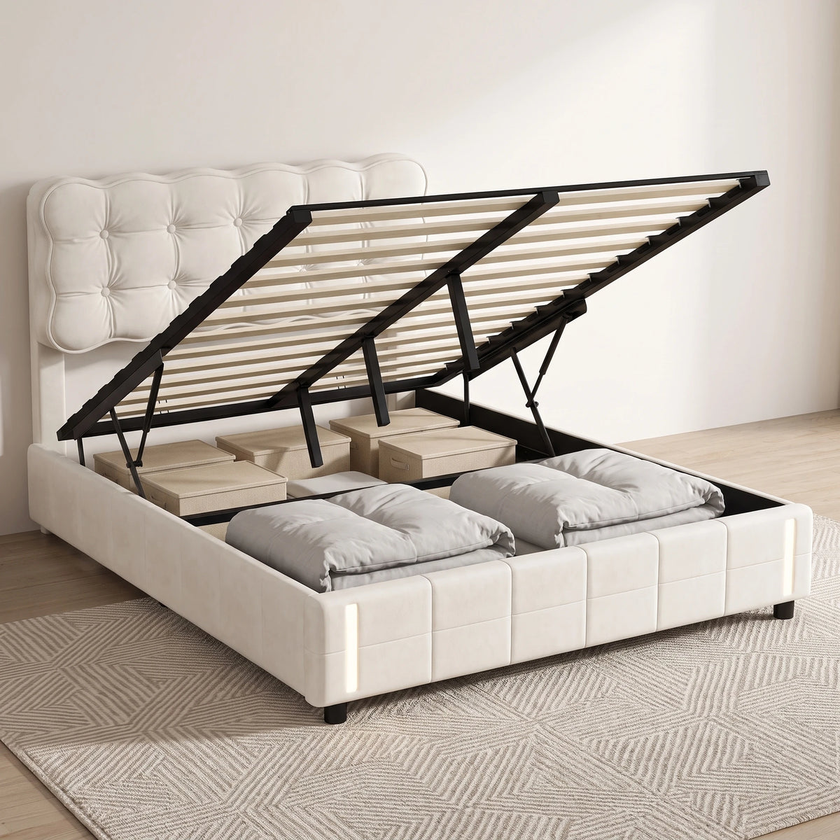 Beige Velvet 135 x 190cm Double Bed, Gas-Lift Storage Bed with Motion-Sensor LED Light, Mattress Not Included