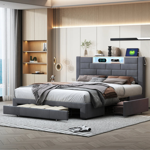 King Size 5ft Bed Frame with 4 Storage Drawers, LED & USB Headboard, Grey Velvet