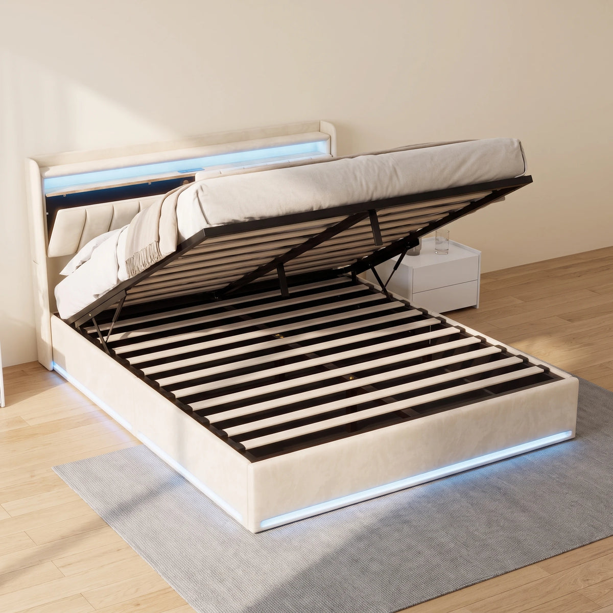 135 x 190cm Double Bed with Velvet Upholstery & Gas-Lift Ottoman Storage, Beige