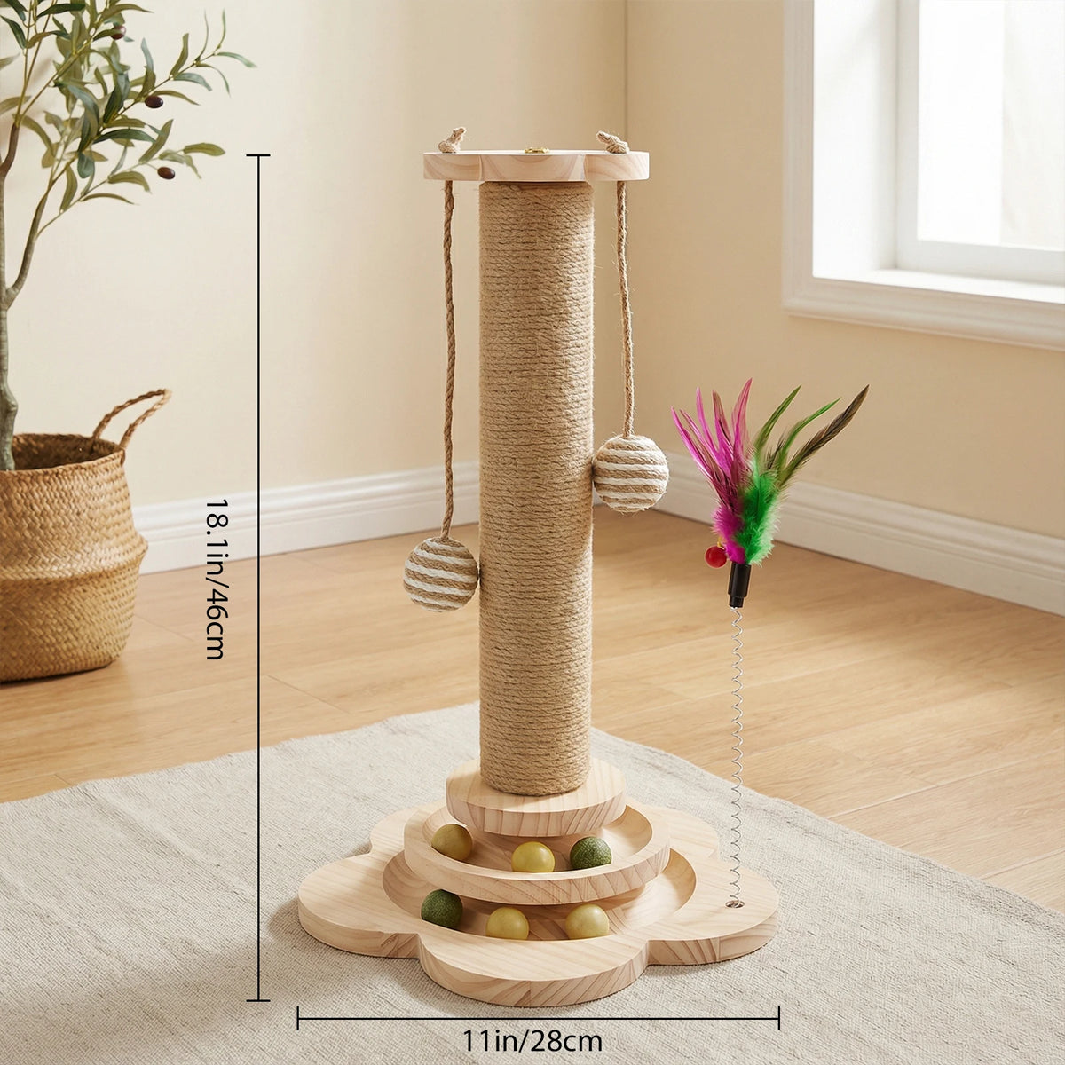 Cat Scratching Post 46cm with Natural Sisal Track Ball Spring Feather and Play Platform Pine Wood