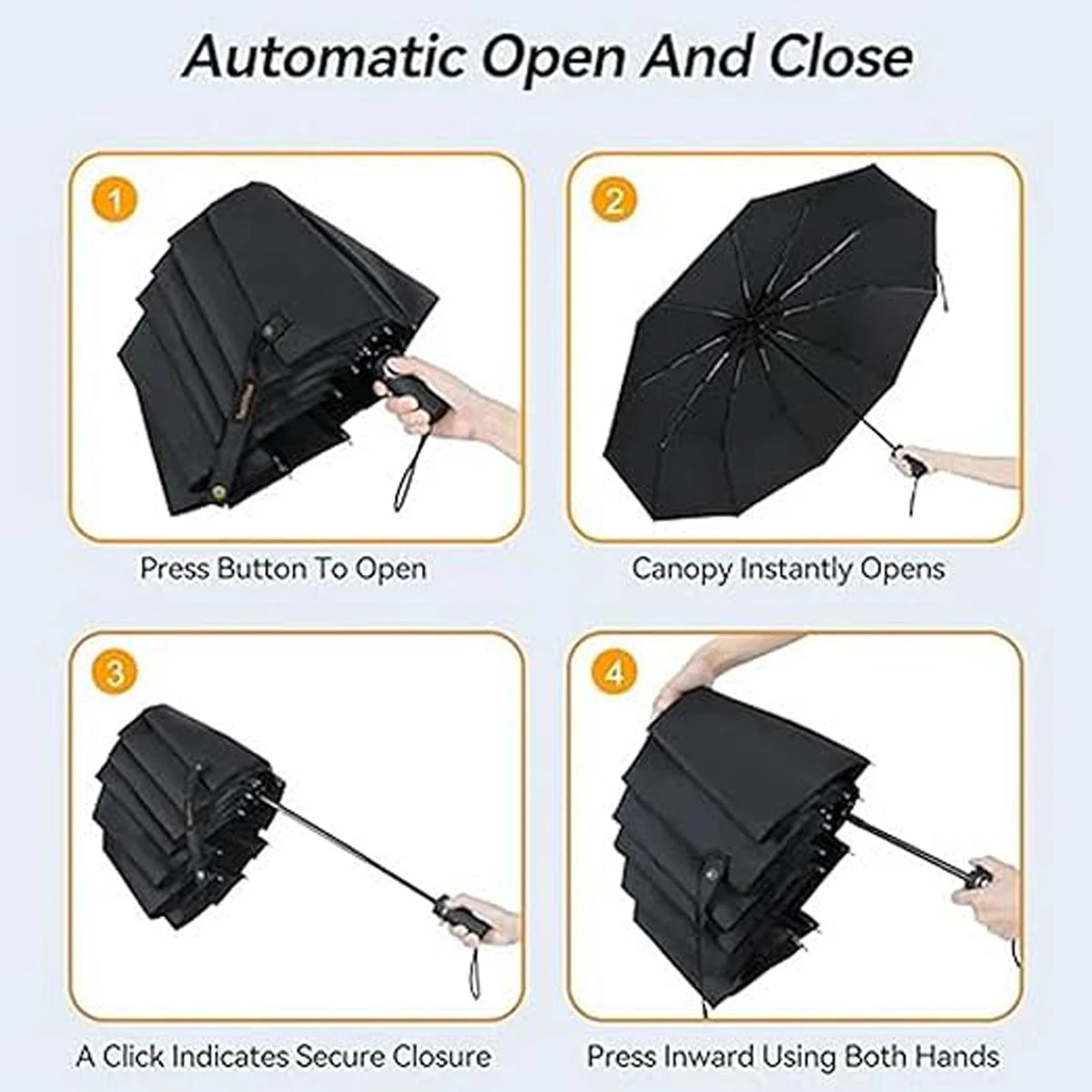 Windproof Folding Umbrella with Fibreglass Ribs, Auto Open and Close, Vented Double Canopy, Black
