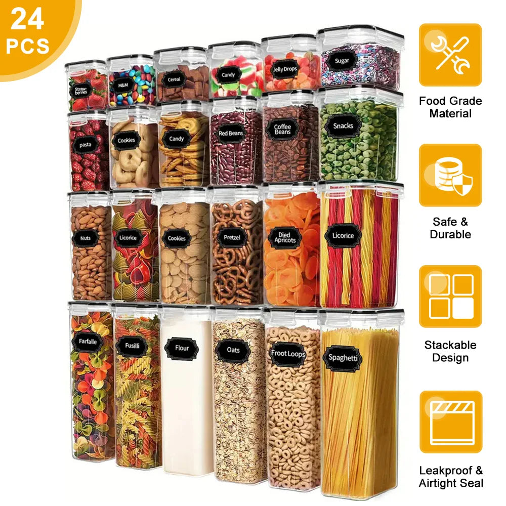24-Piece Airtight Food Storage Container Set | Stackable PP Kitchen Pantry Organisers for Flour Rice Pasta Cereals