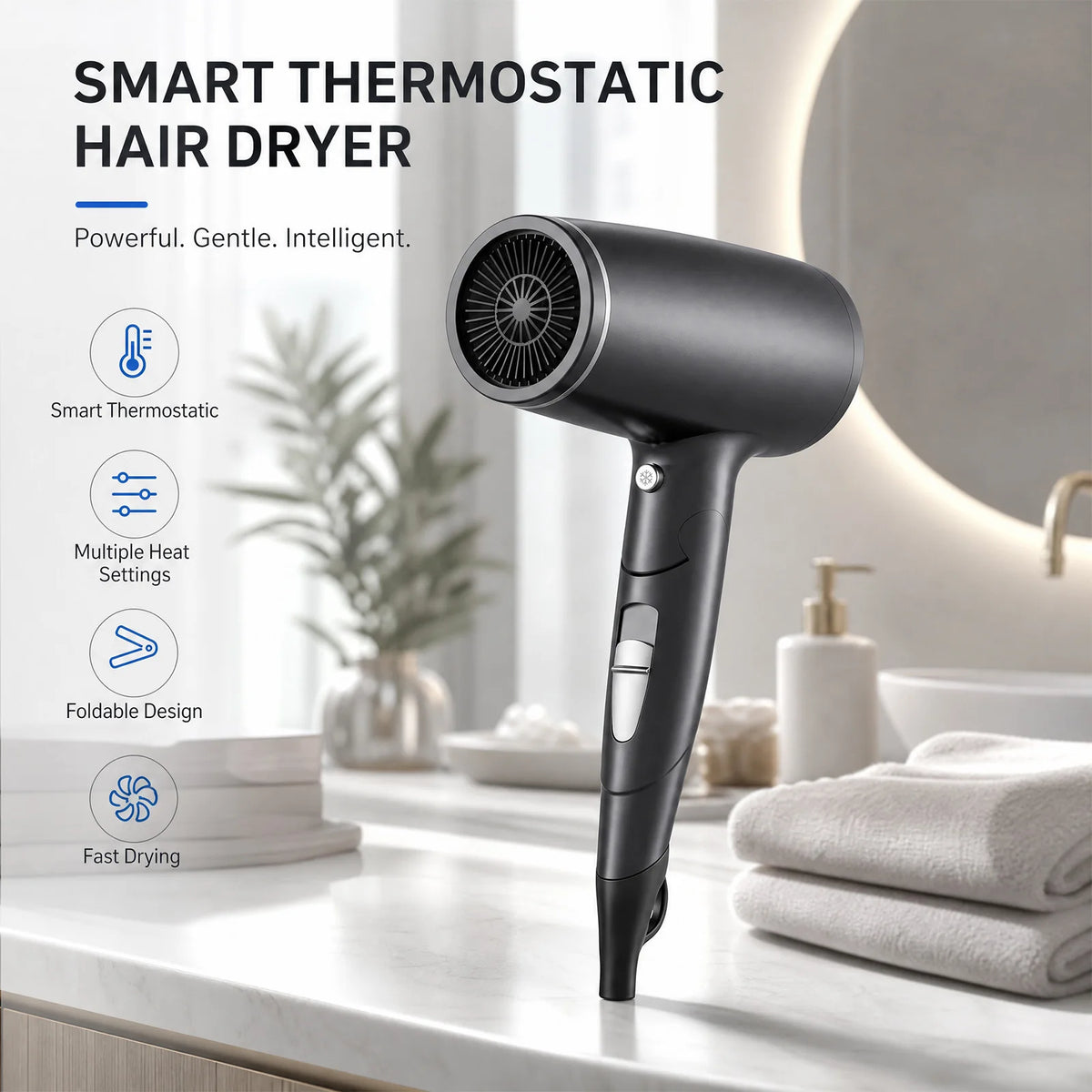 2000W Folding Travel Hair Dryer with Constant Temperature and Cool Air, UK Plug