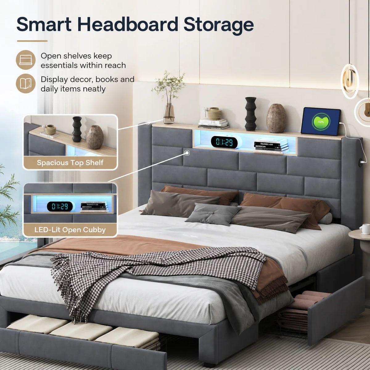 5FT Double Ottoman Bed with 3 Storage Drawers, LED Headboard & USB Charging, Grey Velvet