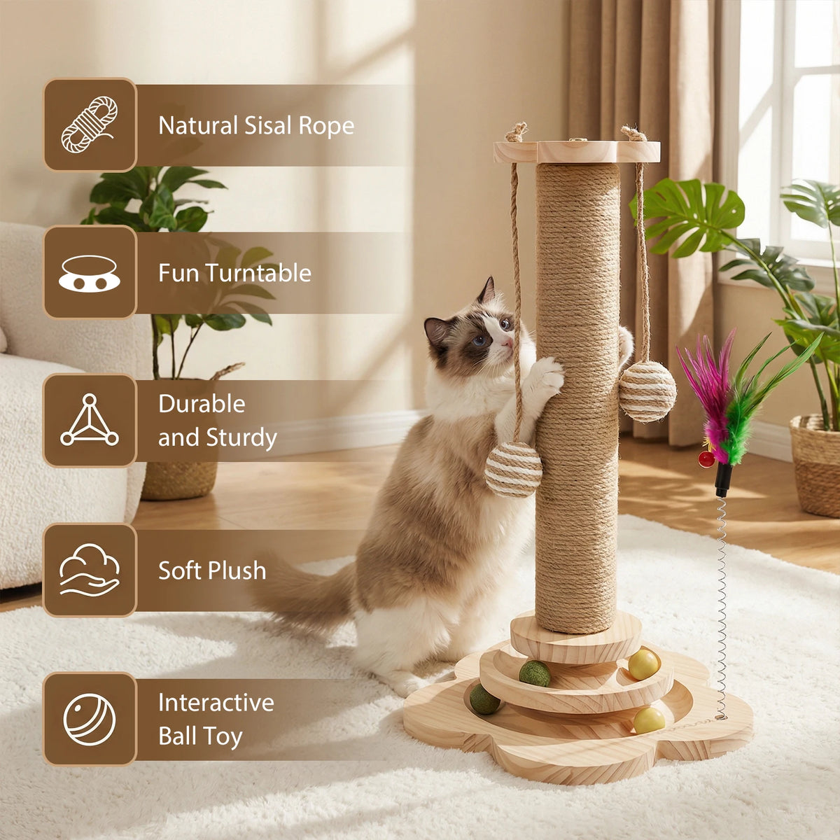 Cat Scratching Post 46cm with Natural Sisal Track Ball Spring Feather and Play Platform Pine Wood