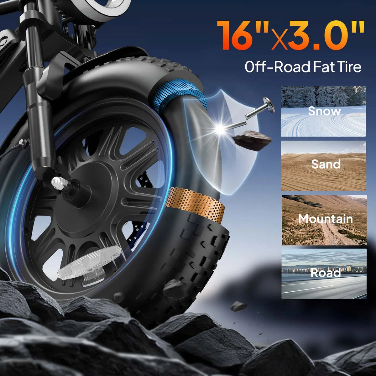 16 x 3.0 Inch Fat Tyre Electric Bike with 48V 13Ah Removable Battery, Full Suspension and Storage Box, 250W
