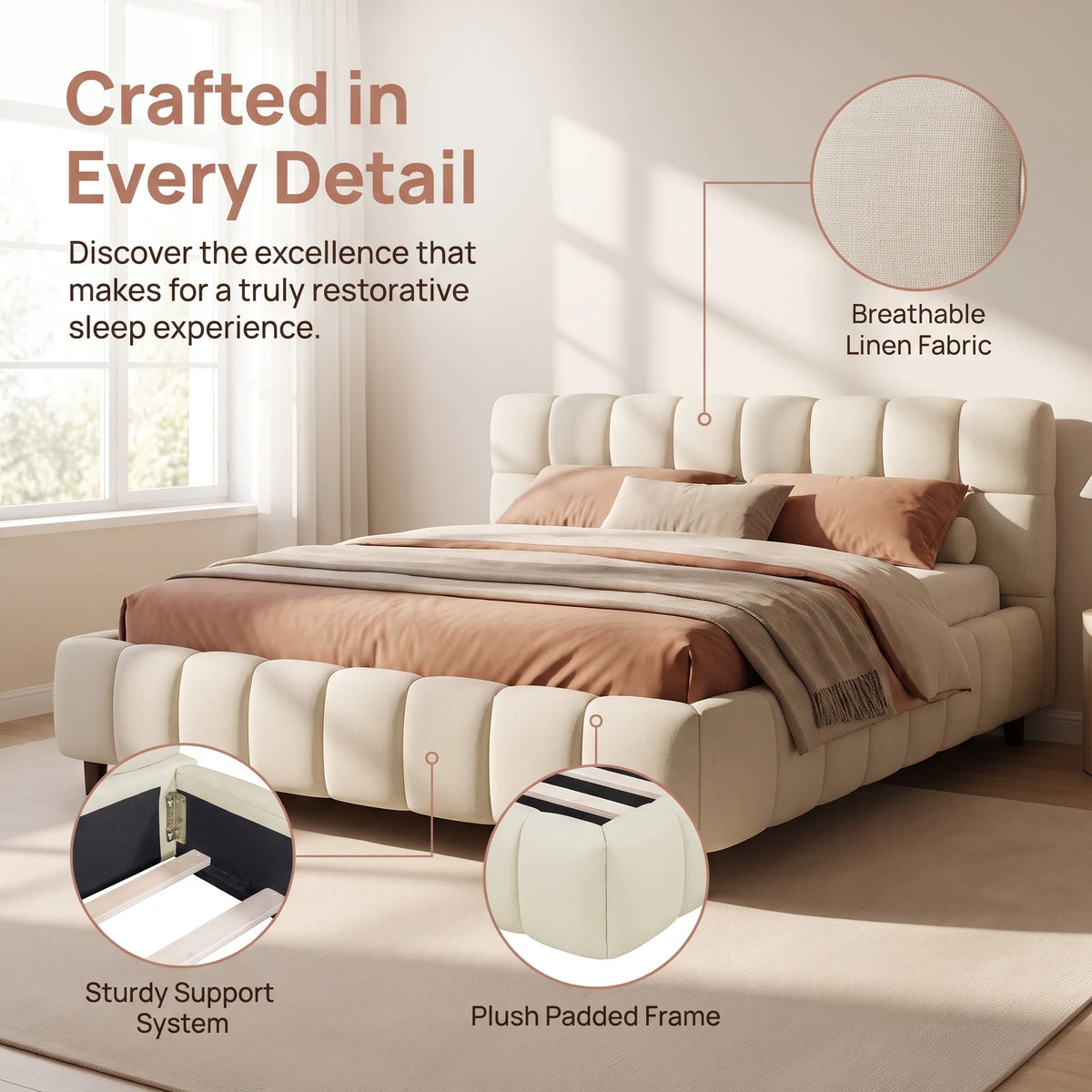 Modern Low Platform Bed Frame with Padded Headboard, Linen Beige – Single, Double & King Sizes