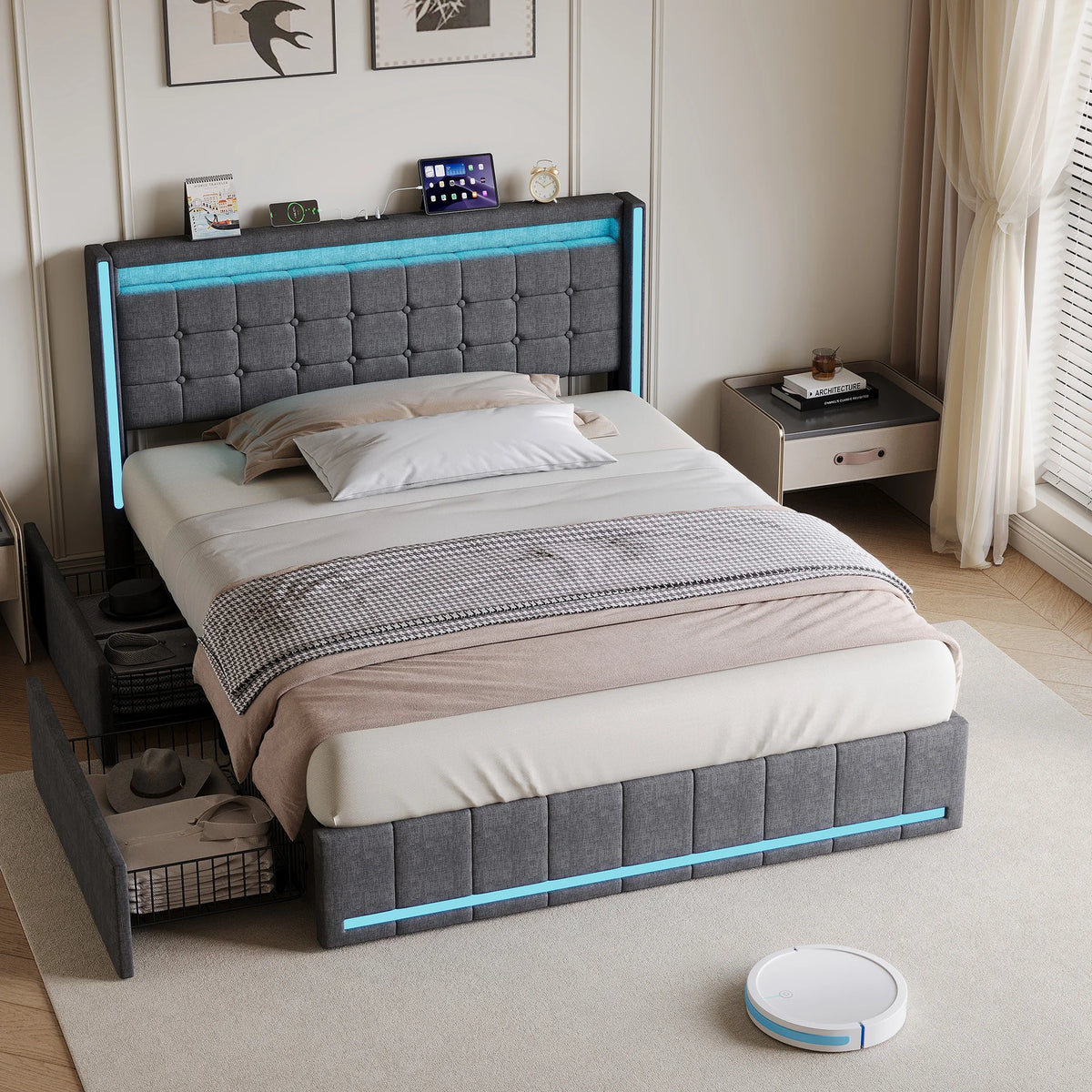 King Size Bed Frame 150x200cm with LED Lighting, 4 Storage Drawers & USB Charging, Dark Grey or Beige