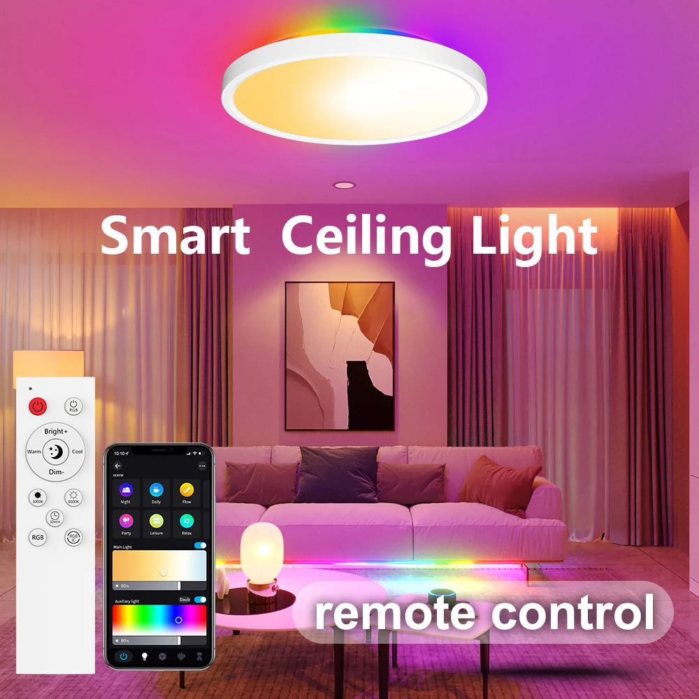 Smart WiFi Bluetooth RGB LED Ceiling Light APP Control Dimmable Waterproof Circular Ambient Lamp for Bedroom Living Room