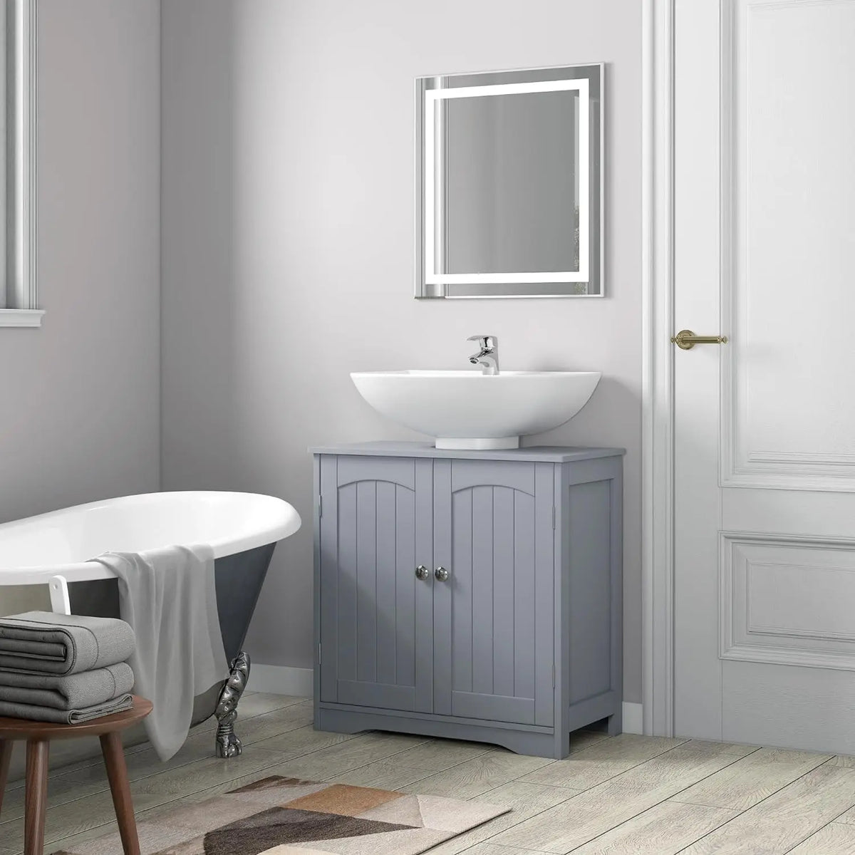 Under Sink Bathroom Cabinet with 2 Doors and Adjustable Shelf | Grey Wooden Basin Cupboard Storage Unit 60cm