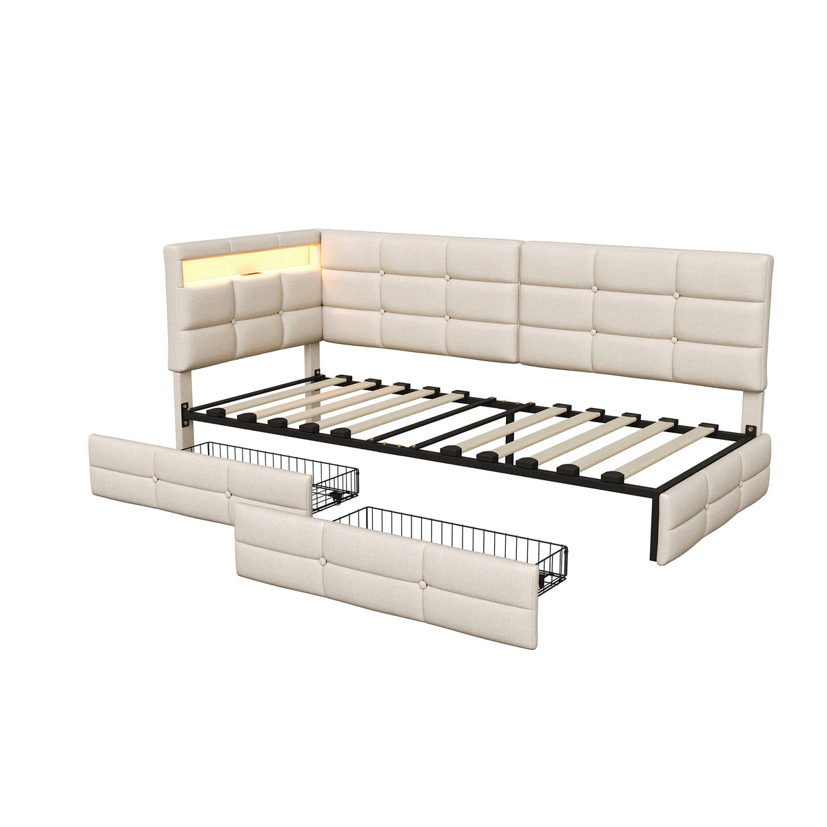 L-Shape Corner Ottoman Bed 90 x 190cm, Daybed with LED Lighting, 2 Storage Drawers & Charging Station, 3ft Upholstered Sofa Bed Frame, Linen, Beige, No Mattress